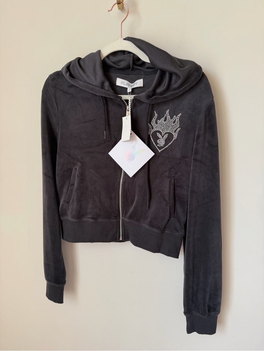 Playboy Black Heart Flame rhinestone Zip-Up Hoodie